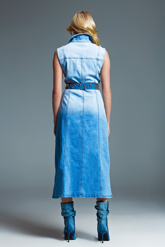 Maxi sleeveless Denim Dress With Ombre Detail