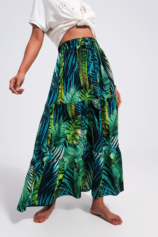 Maxi tiered skirt in green tropical print Szua Store