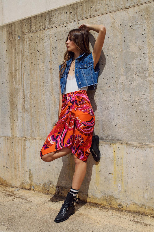 Q2 Midi Draped Skirt in Orange Abstract Floral Print