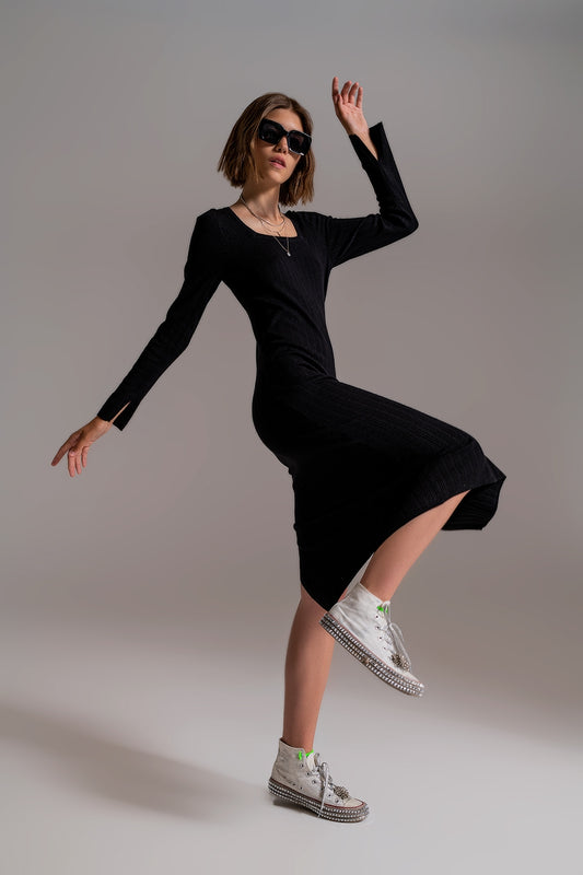 Q2 Midi Knit Dress With Square Neckline in Black