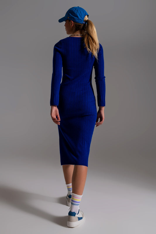 Midi Knit Dress With Square Neckline in Blue - Szua Store