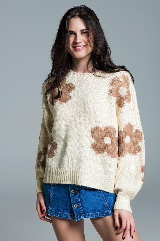 Q2 Oversized Balloon Sleeve Cream Sweater With Light Brown Flowers