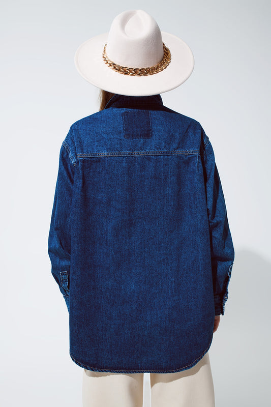 Oversized Denim Shacket With Chest Pockets In Mid Wash