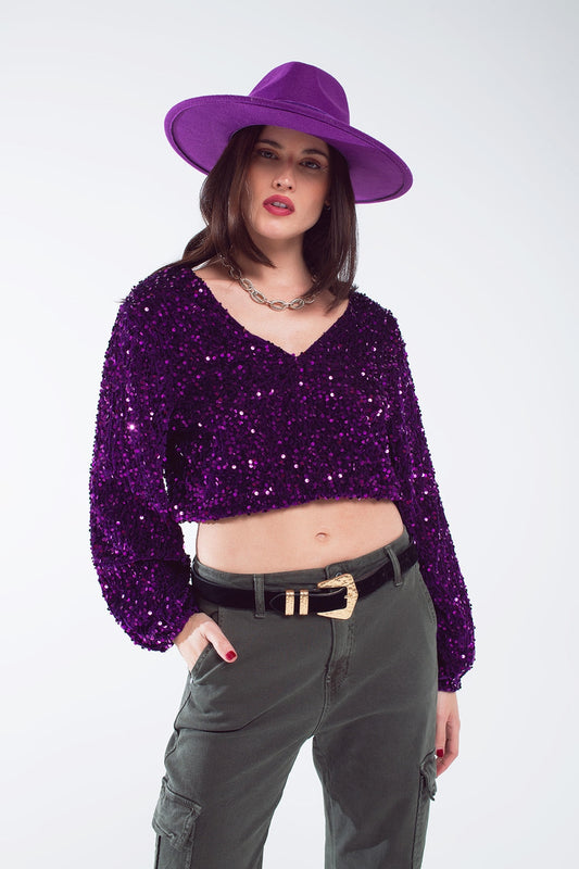 Q2 Purple sequin top with V-Neckline ballon sleeves and Open Back