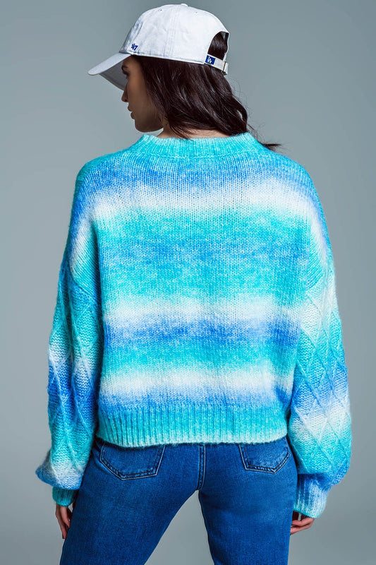 Relaxed Sweater With Ombre Print in Shades Of Blue And Argyle Print At The Sleeves