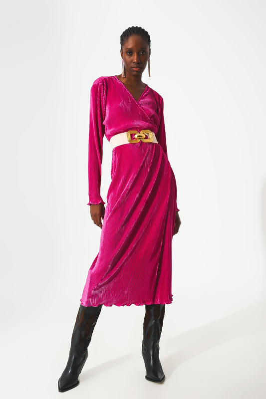 Satin wrap deatil pleated dress in fuchsia