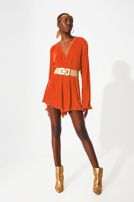 Q2 Satin wrap deatil pleated short jumpsuit in orange