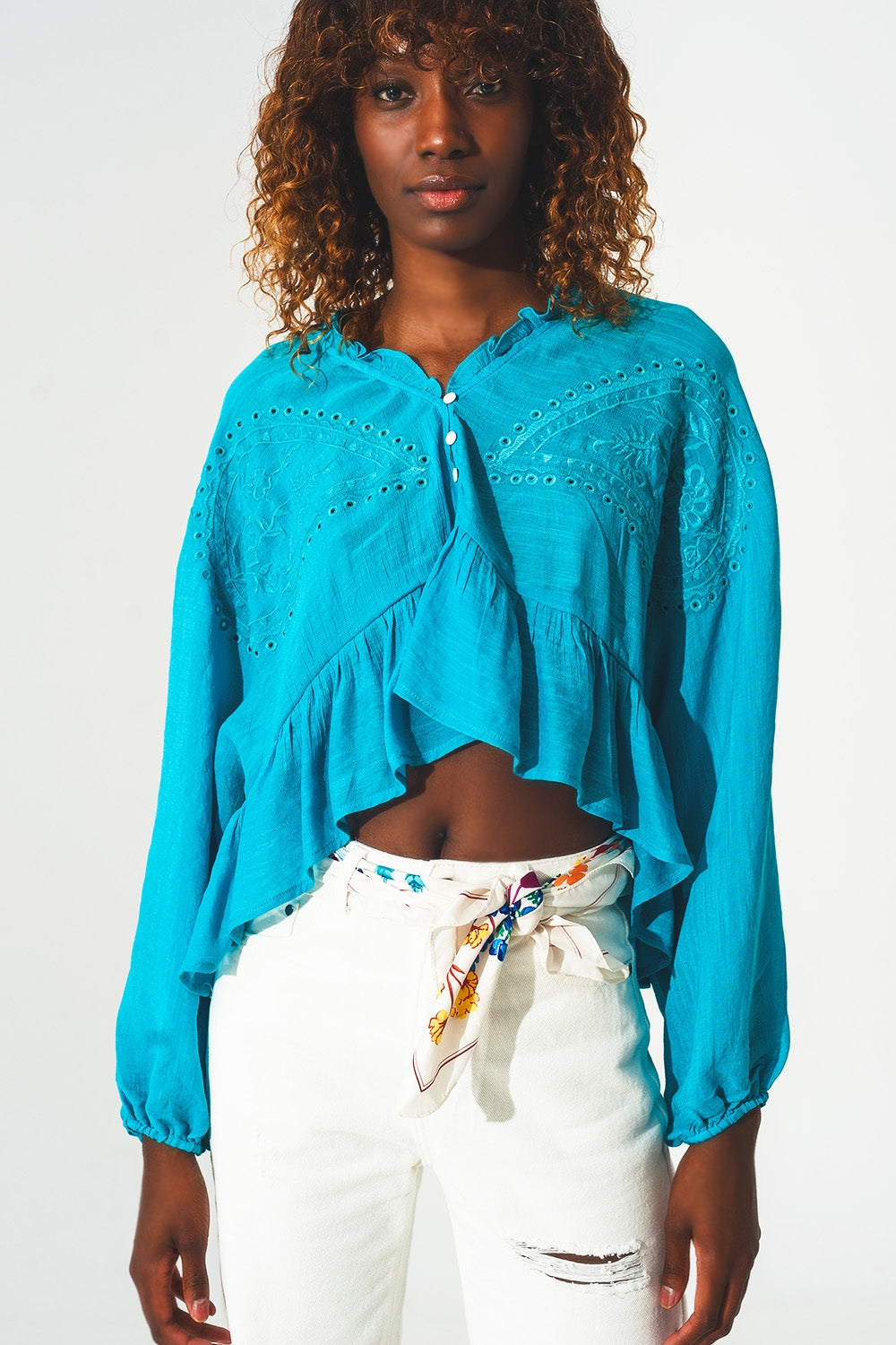 Q2 Shirred crop top with embroidery in blue