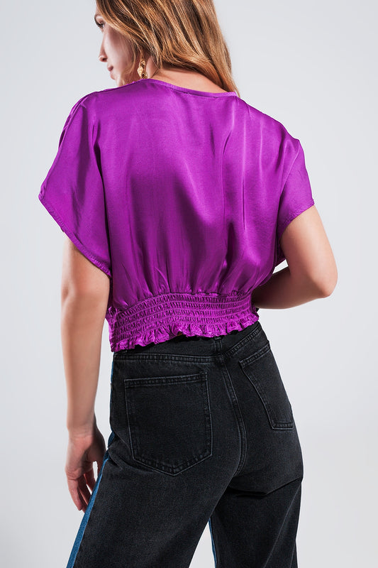 Short sleeve cropped satin top in fuchsia Szua Store