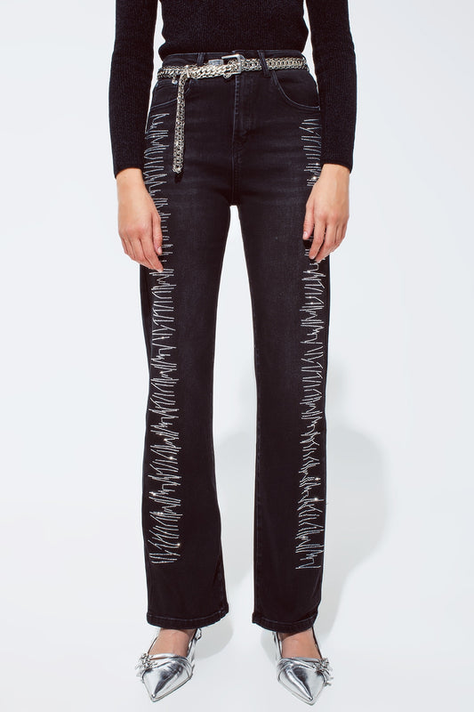 Q2 Straight jeans in black with silver strass details