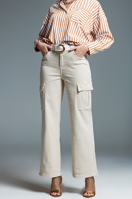 Straight Leg Cargo Jeans in Beige