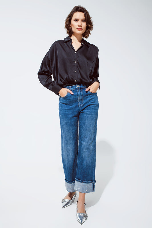 Straight Leg Jeans With Folded Hem With Sequins Detail in Mid Wash