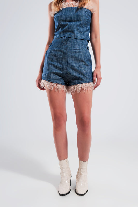 Suit shorts with faux feather hem in blue Szua Store