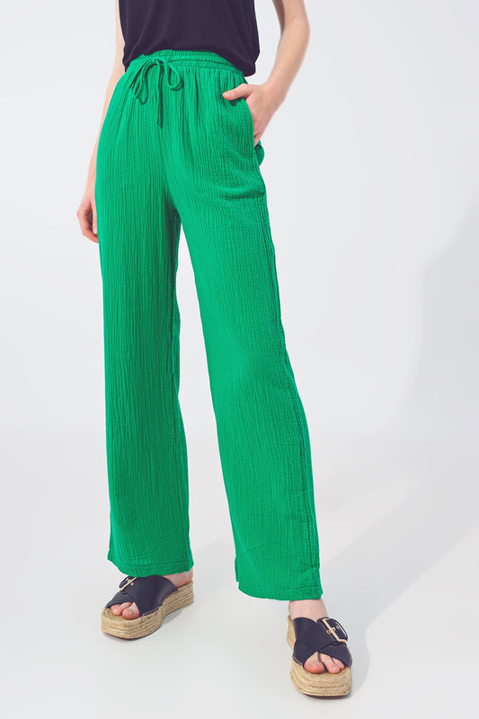 Q2 Textured Loose Fit Pants in Green