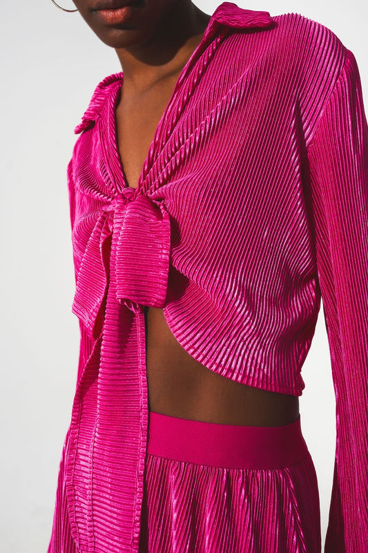 Tie front pleated crop top in fuchsia - Szua Store