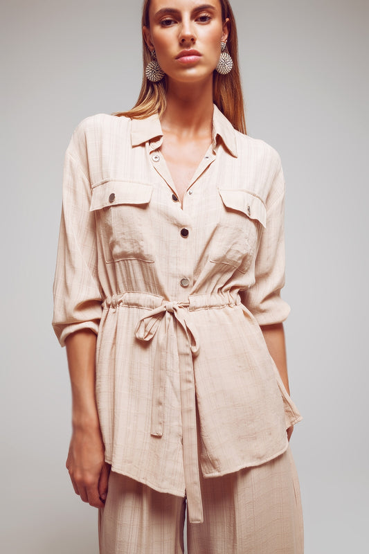 Q2 Tie waist long sleeve shirt in beige