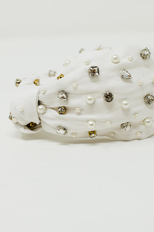 White Headband With Embellished Pearls And Strass