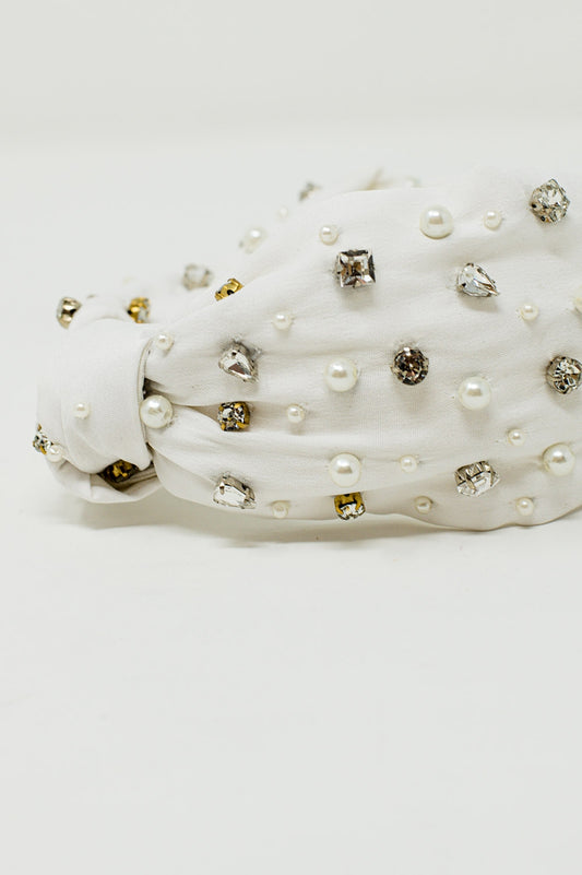 Diadema Blanca Con Adornos De Perlas Y Strass