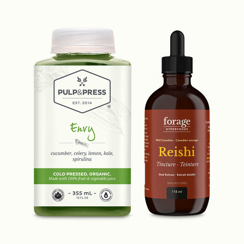 Envy fruit juice by Pulp and press and Reishi Tincture by Forage Hyperfoods. 