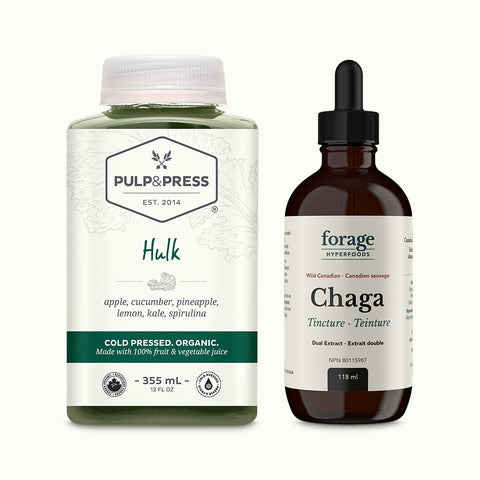 Forage Hyperfoods Chaga Tincture and Hulk green juice by Pulp and Press. 