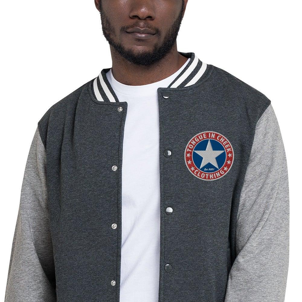 T.I.C. Exclusive - Tongue In Cheek Men's Letterman Jacket - Close up of embroidery