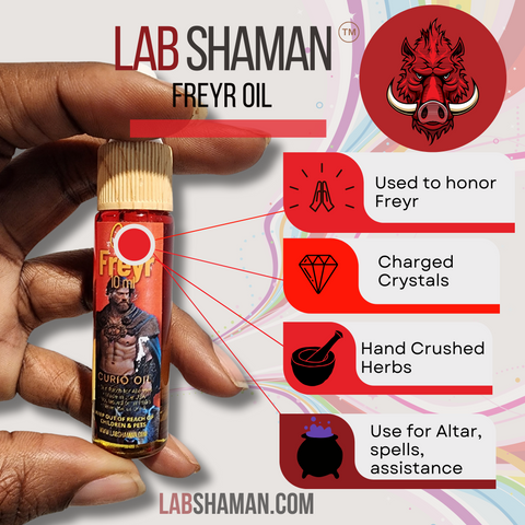 LAB Shaman, Freyr, God Oil, Norse God, fertility, abundance, spell oil, altar tool, metaphysical, spiritual journey, ritual, elixir, prosperity