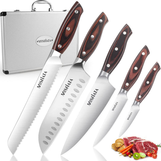 MOSFiATA Professional Damascus Chef Knife Set-3PCS, 8 ''Chef Knife  7”Santoku Knife and 5'Utility Knife，VG-10 High Carbon Stainless Steel with  Finger