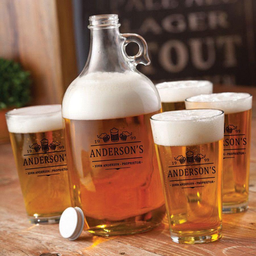 Personalized Glass Beer Growler and Pint Glass Set