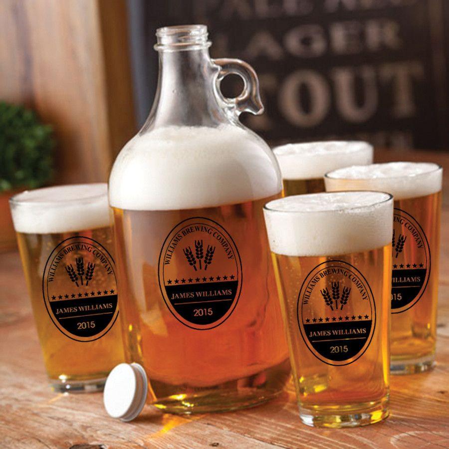 Personalized Glass Beer Growler and Pint Glass Set