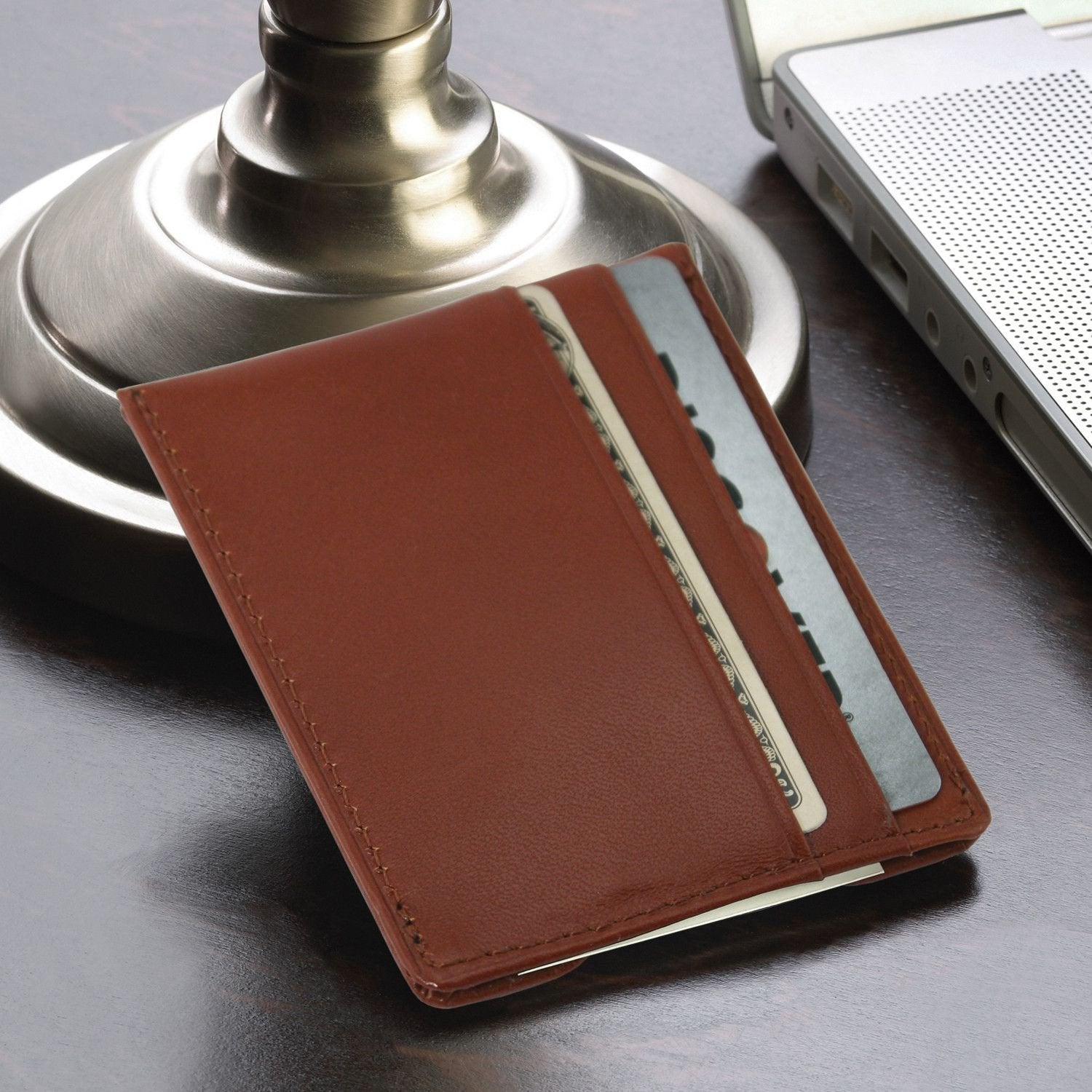 Personalized Brown Leather Wallet & Monogrammed Cuff Links Gift Set