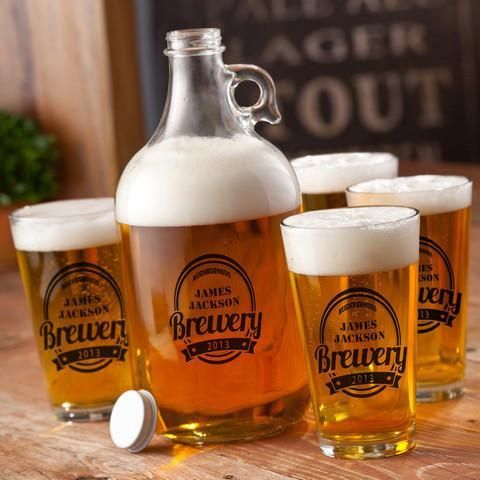 Personalized Glass Beer Growler and Pint Glass Set