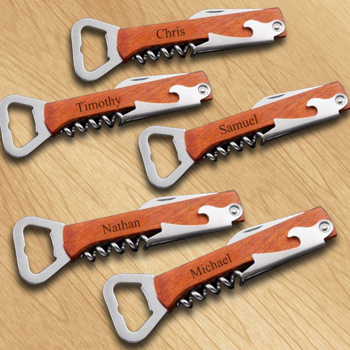 Set of 5 Personalized Wood Handled Wine and Bottle Openers for Groomsmen