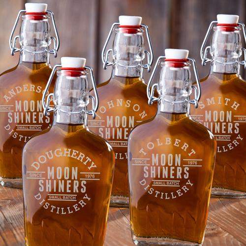 Set Of 5 Engraved Vintage Glass Flasks