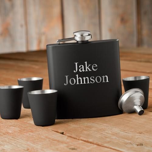 Personalized Matte Black Flask &amp; Shot Glass Gift Box Set