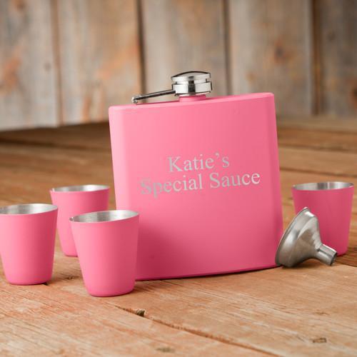 Personalized Pink Flask &amp; Shot Glass Gift Box Set