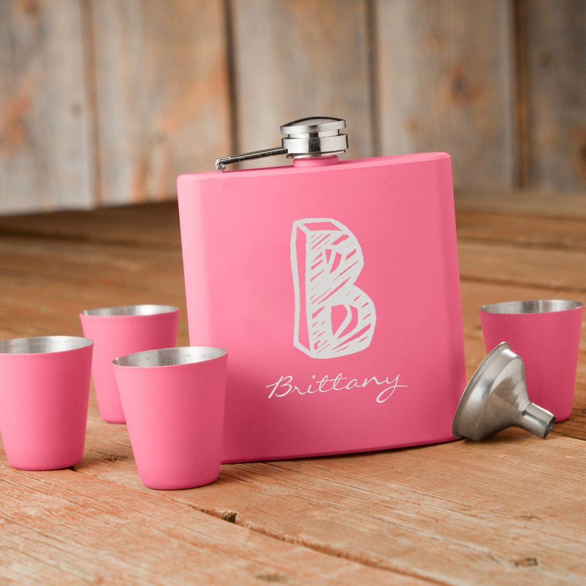 Personalized Monogrammed Pink Flask &amp; Shot Glass Gift Box Set
