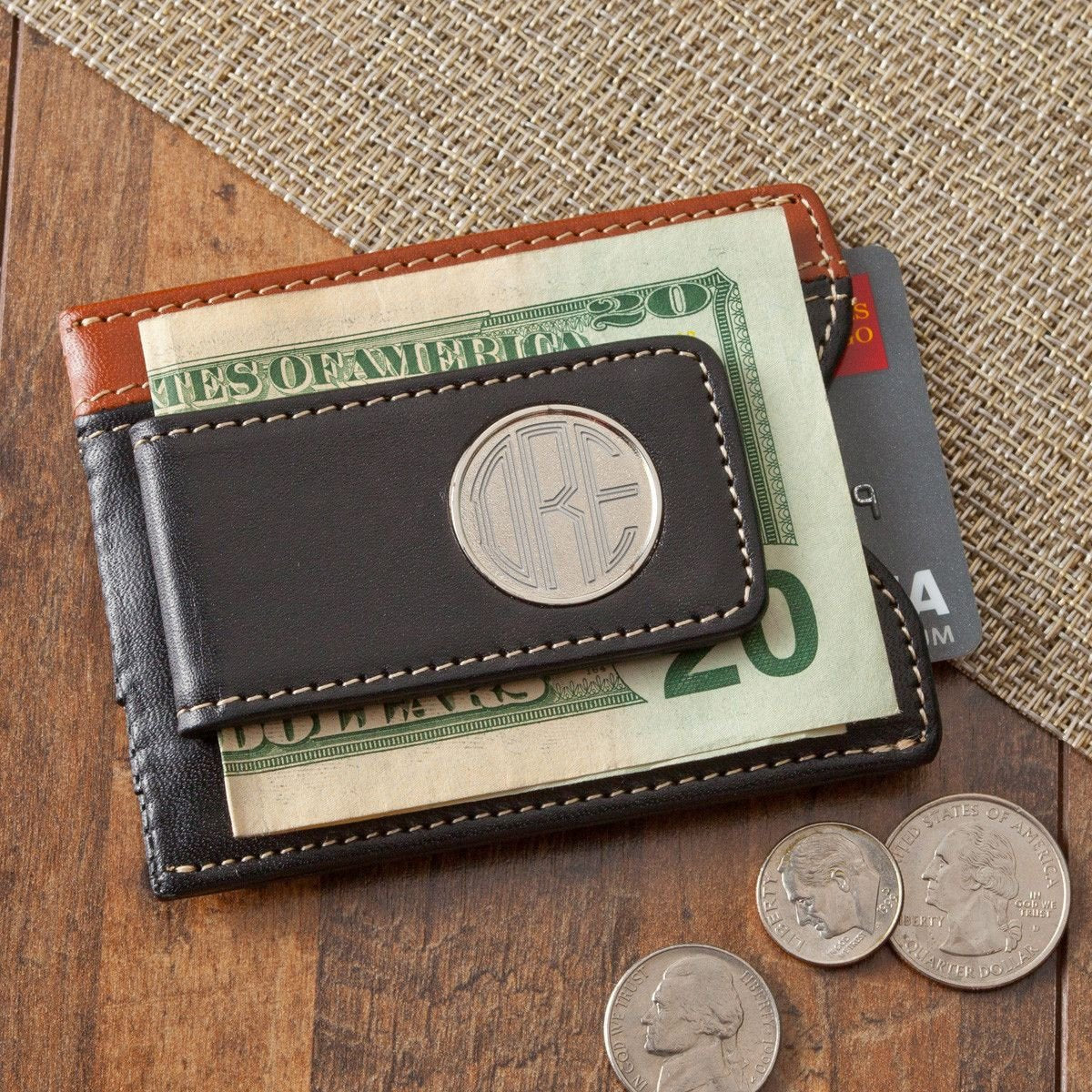 Personalized Two-Toned Leather Magnetic Money Clip Wallet