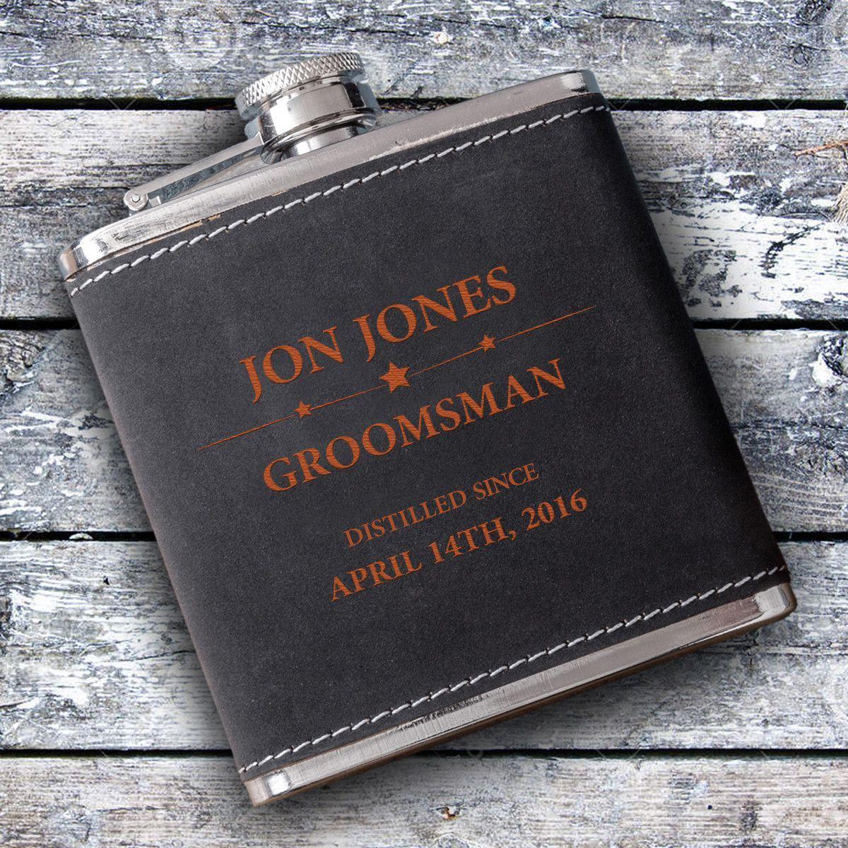 Personalized Groomsmen 6 oz Suede Flask with Orange Lettering