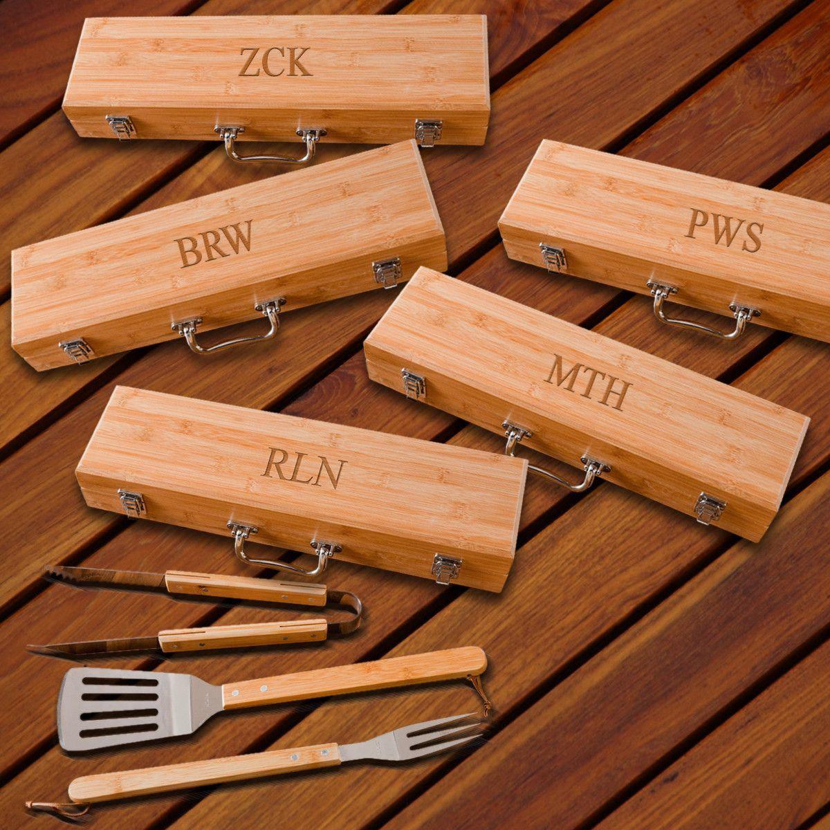 Personalized Set of 5 Grilling BBQ Set with Bamboo Case