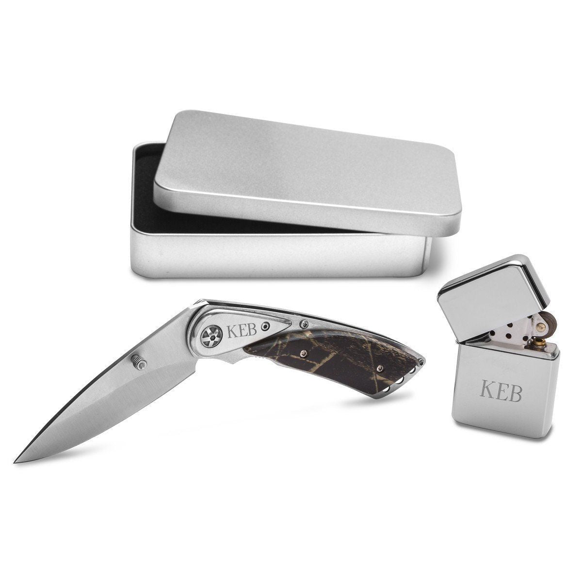 Personalized Camouflage Lock Back Knife And Lighter Gift Set