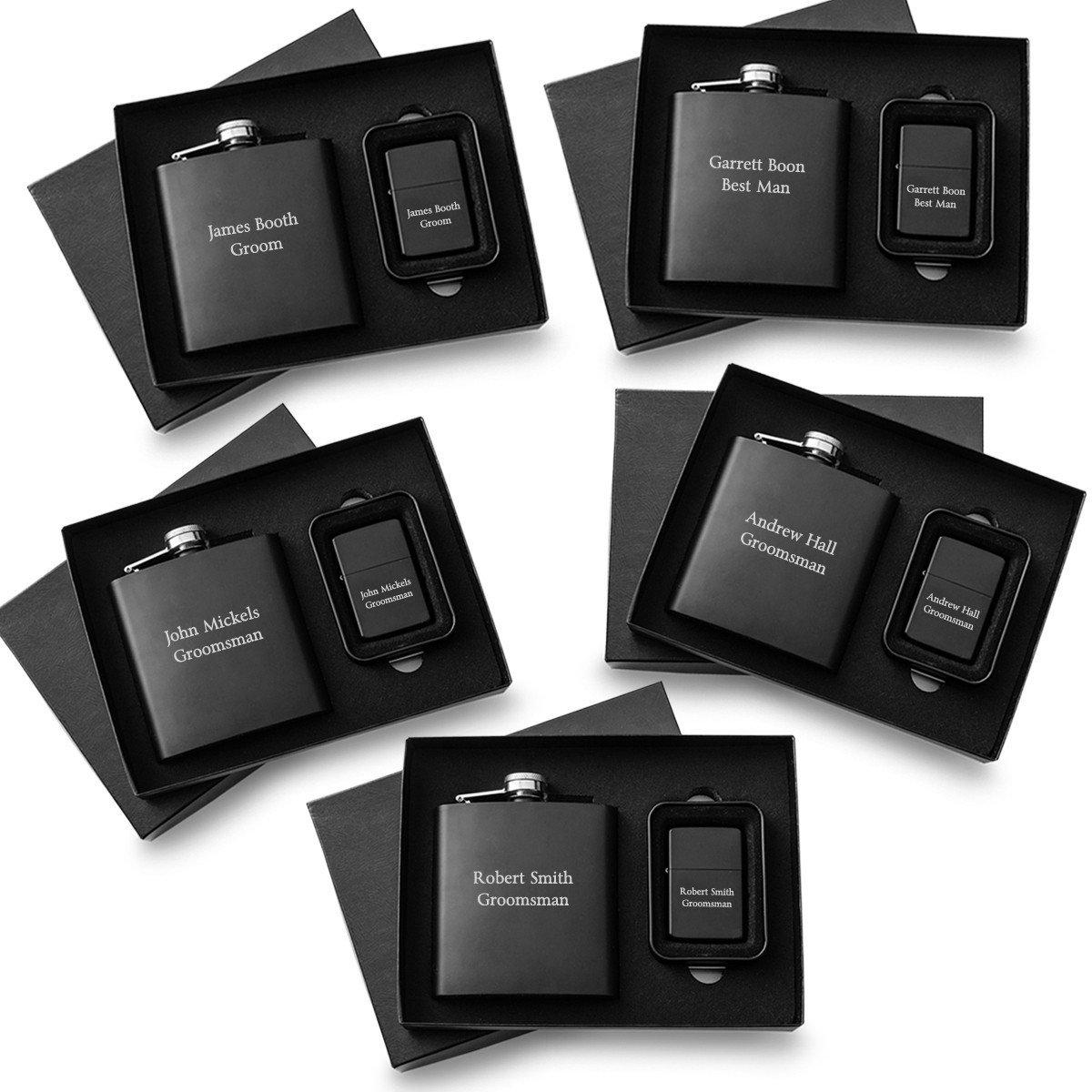 Personalized Matte Black Flask and Lighter Gift Box - Set of 5 Lighter and Flask Sets