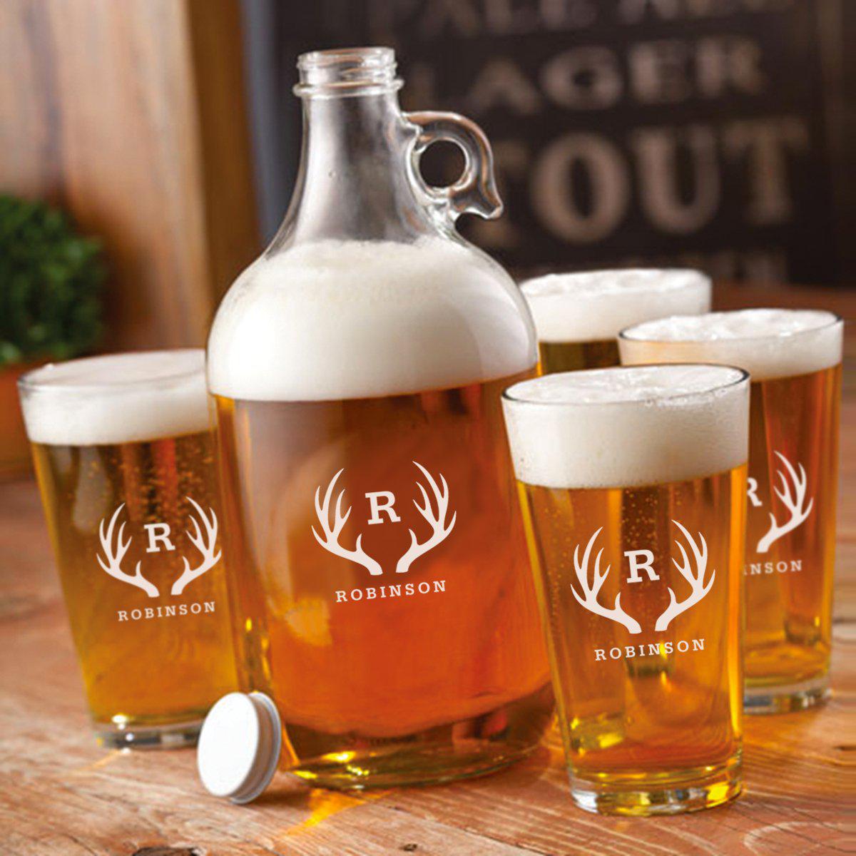 Personalized Glass Beer Growler and Pint Glass Set