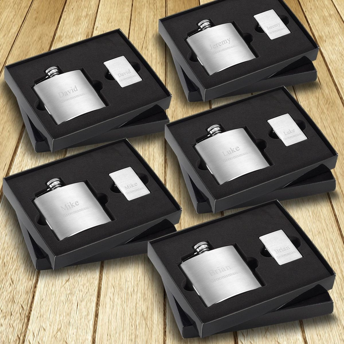 Personalized 4 oz. Brushed Flask and Lighter Gift Box - Set of 5 Boxes