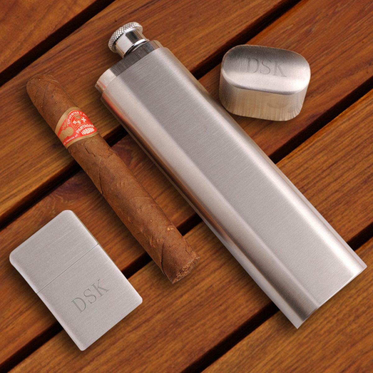 Personalized Cigar Flask with Brushed Silver Lighter Gift Set