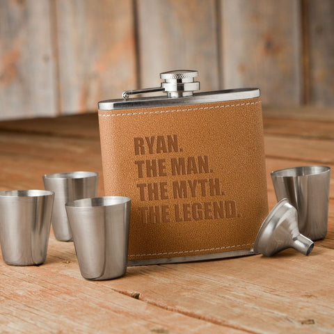 Buy The Man. The Myth. The Legend. Tan Hide Stitched Flask and Shot Glass Set
