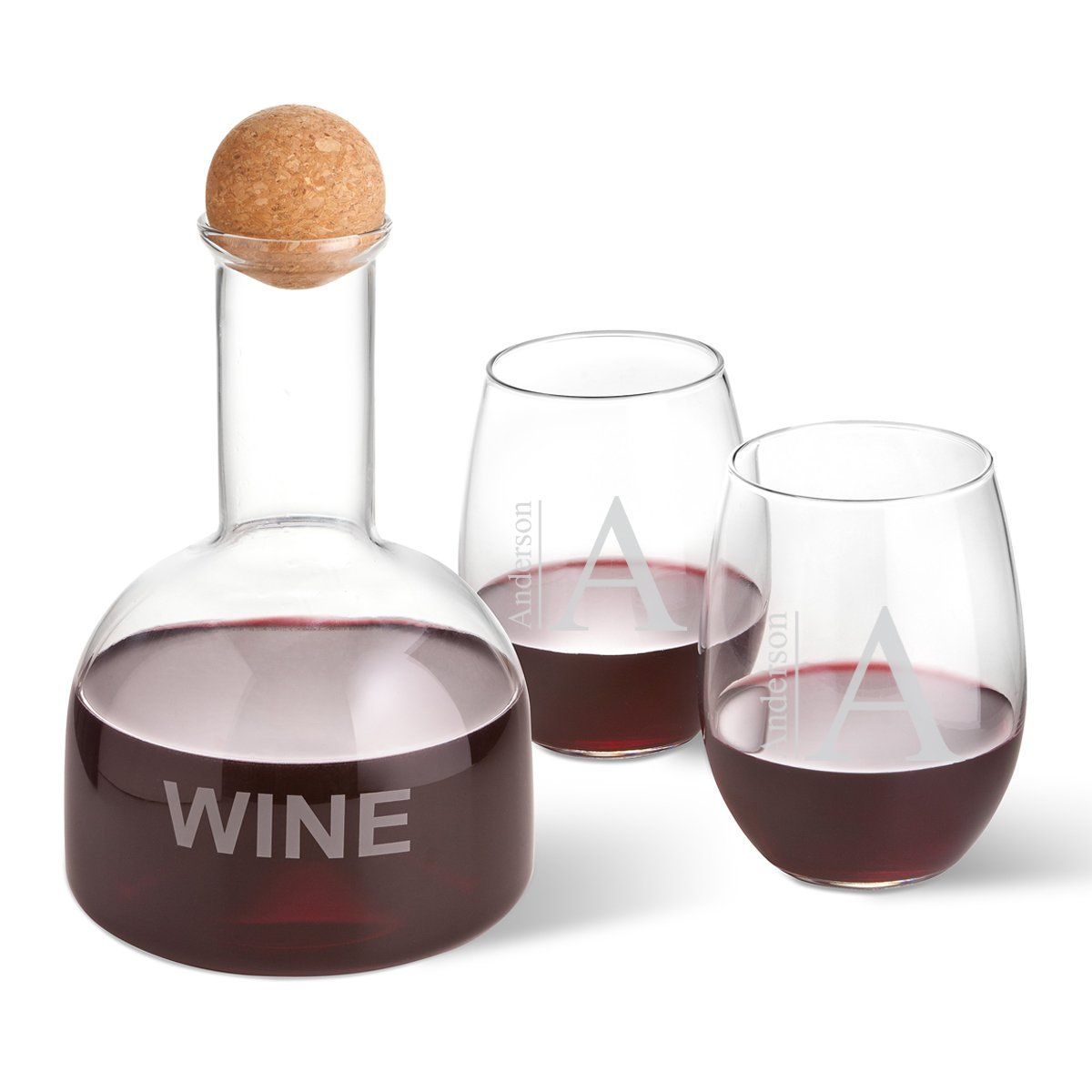 Personalized Wine Decanter in Wood Crate with set of 2 Stemless Wine Glasses