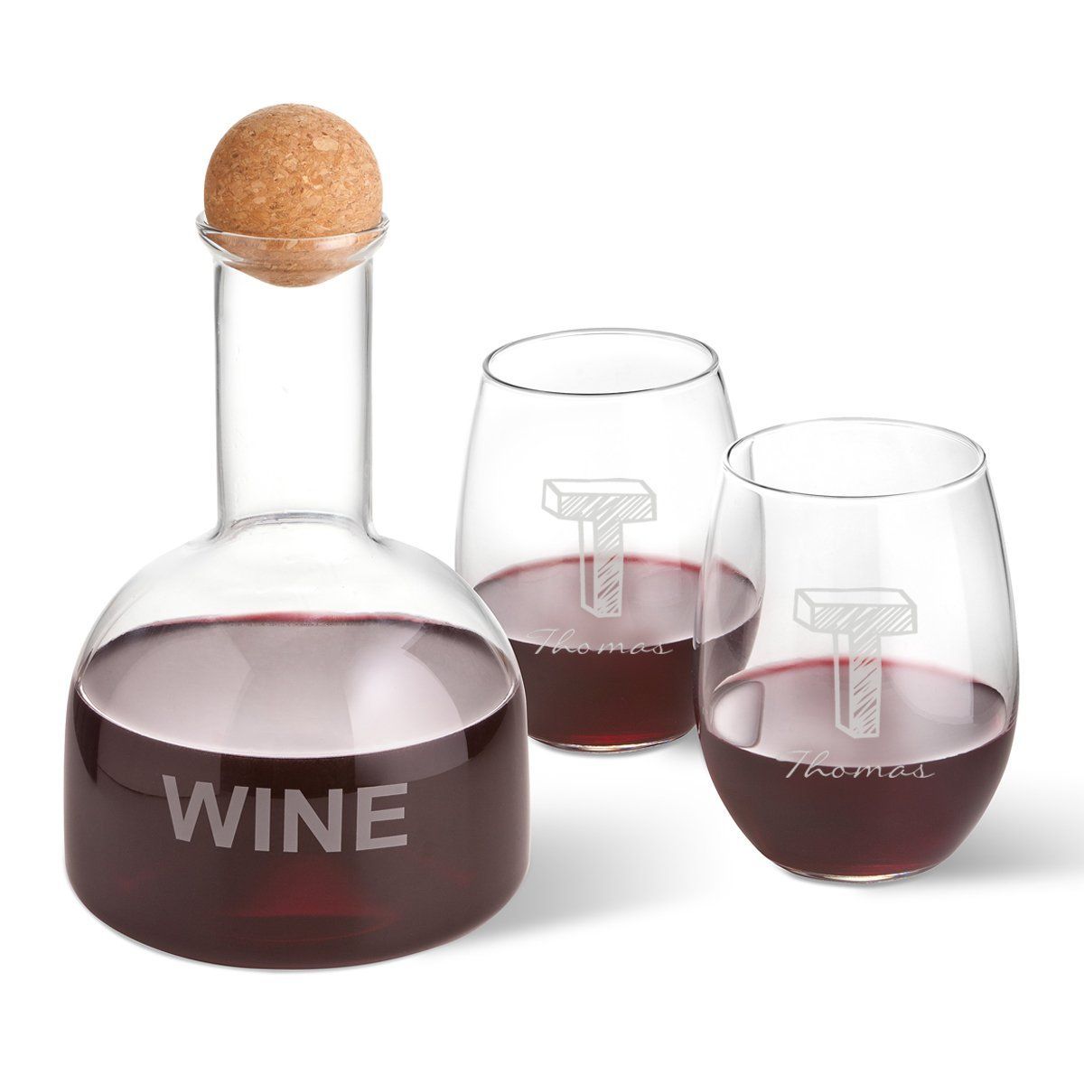 Personalized Wine Decanter in Wood Crate with set of 2 Stemless Wine Glasses