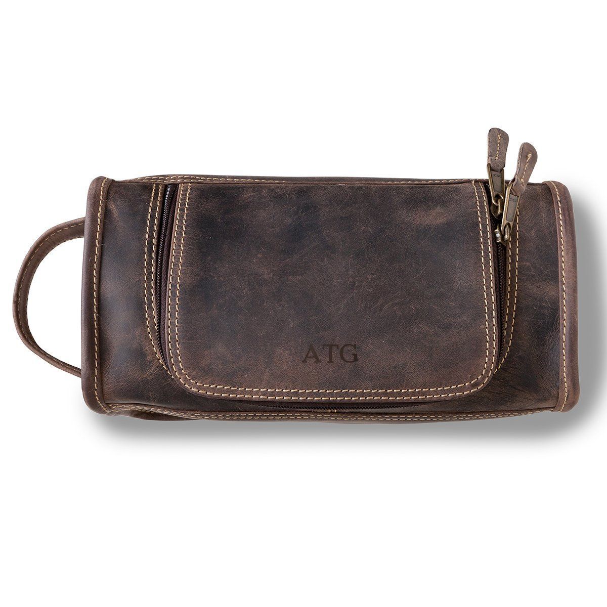 Personalized Borello Leather Distressed Brown Travel Dopp Kit