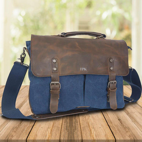 Buy Personalized Blue Borello Leather & Canvas Messenger Bag