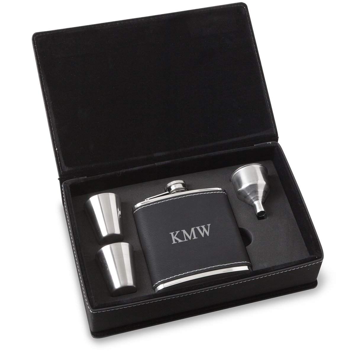 Personalized Black Faux Leather Stainless Steel Flask Gift Set